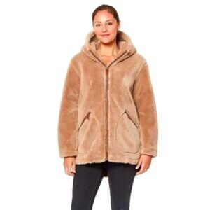 Koolaburra by UGG Tan Hooded Lined  Zip-Up Teddy Coat Leather Trim Size Medium